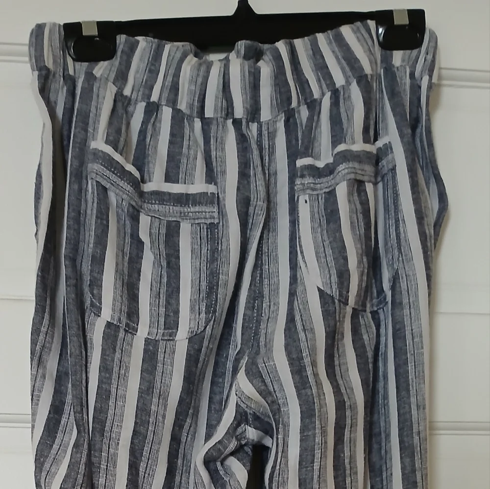 New. Linen/ Viscose Navy/white Striped Wide Straight Leg, Gather Elastic Waist - Picture 3 of 9